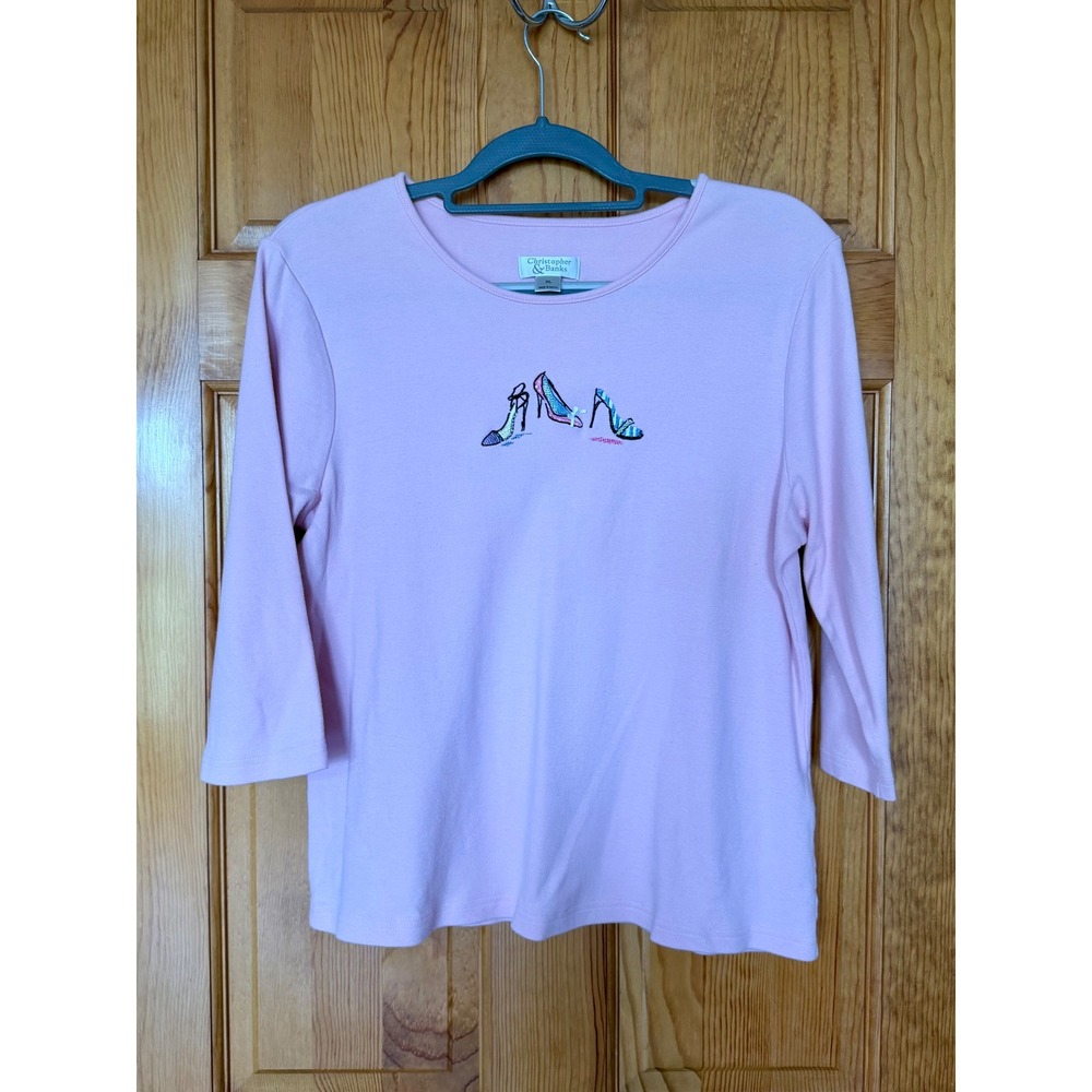 Christopher & Banks Pink Embroidered High Heels Cotton Top XL 3/4 Sleeve